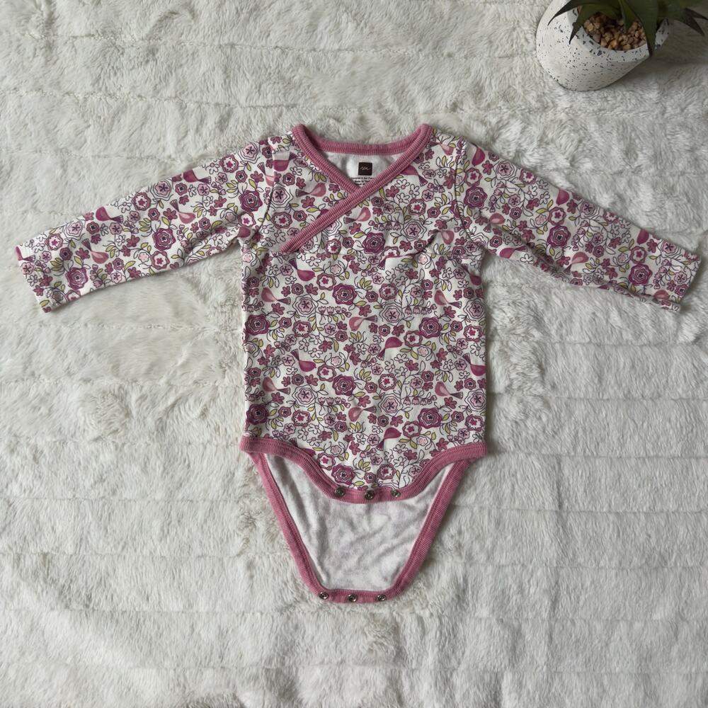 Tea Collection Floral Bird Pattern 100% Cotton Onesie One Piece Long Sleeve EUC